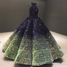 Contrast Color Ladies Evening Dress Special Occasions Puffy Ball Gown Green Sequin Fabric Quinceanera Prom Dresses 2020 New